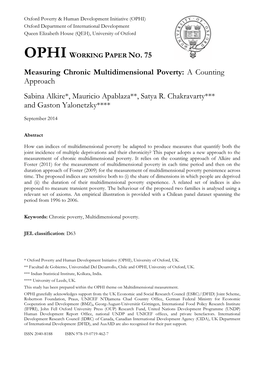 Measuring Chronic Multidimensional Poverty: a Counting Approach Sabina Alkire*, Mauricio Apablaza**, Satya R. Chakravarty***