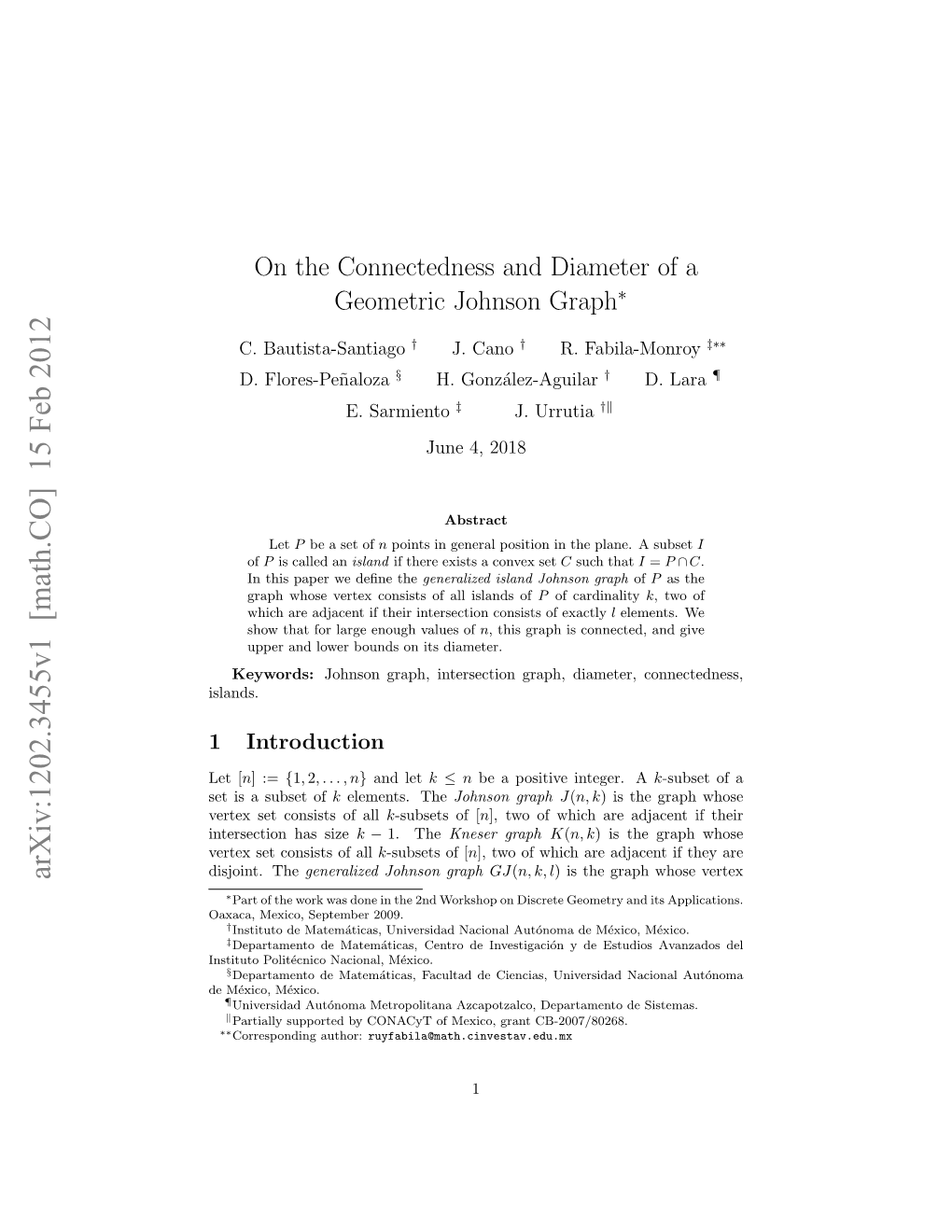 On the Connectedness and Diameter of a Geometric Johnson Graph∗
