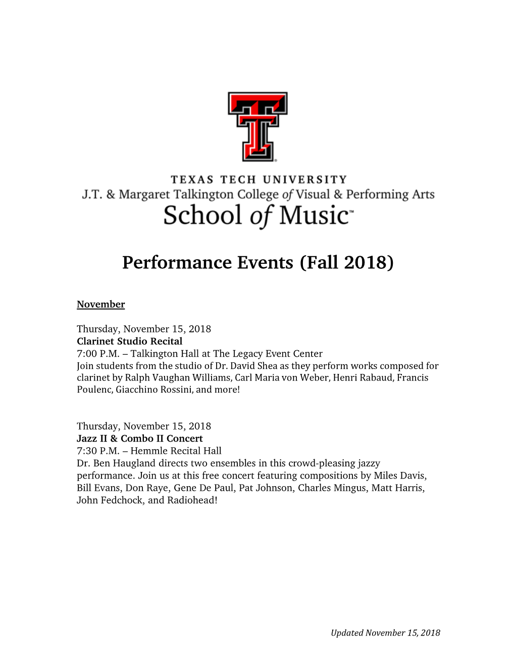 Performance Events (Fall 2018)