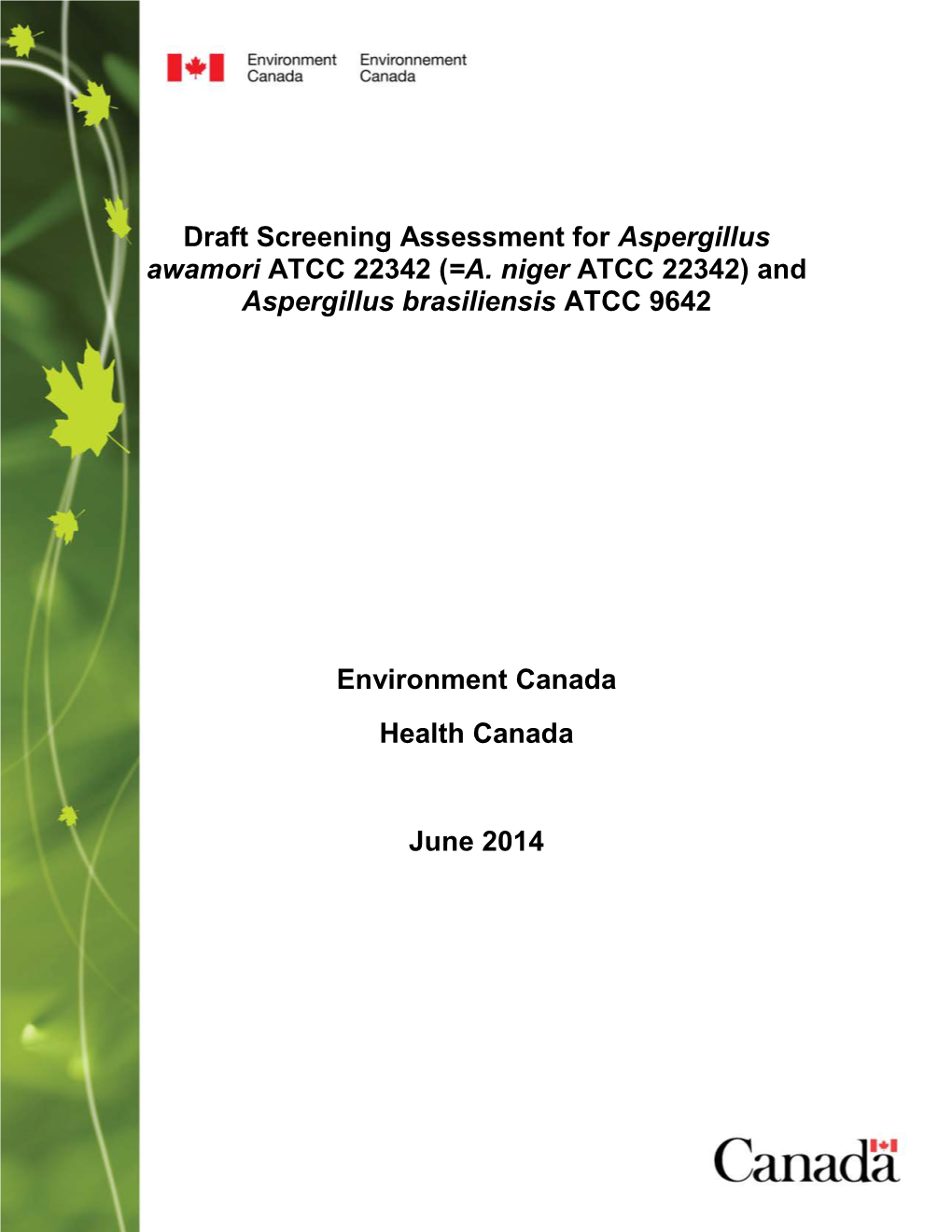 Draft Screening Assessment for Aspergillus Awamori ATCC 22342 (=A