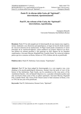 Spiritualidad En La Europa De… Roberto López Vela (Coord.) Paolo IV, Le Riforme Della Curia, Gli “Spirituali”… Giampiero Brunelli