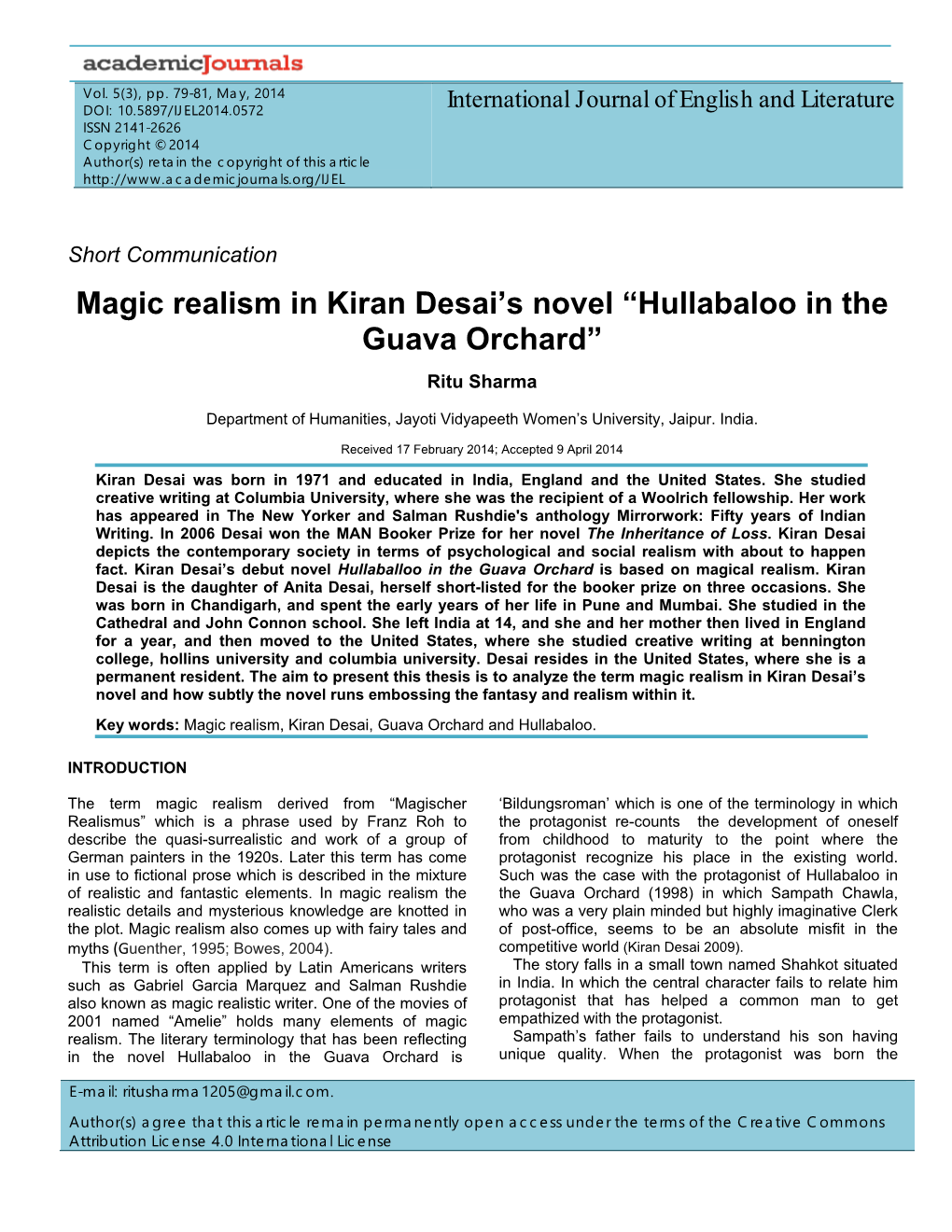 Magic Realism in Kiran Desai's Novel “Hullabaloo in the Guava Orchard”
