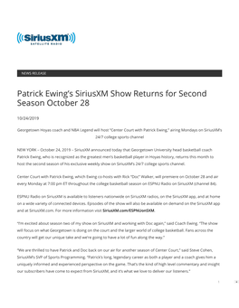 Patrick Ewing's Siriusxm Show Returns for Second Season October