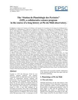 EPSC2015-913, 2015 European Planetary Science Congress 2015 Eeuropeapn Planetarsy Science Ccongress C Author(S) 2015