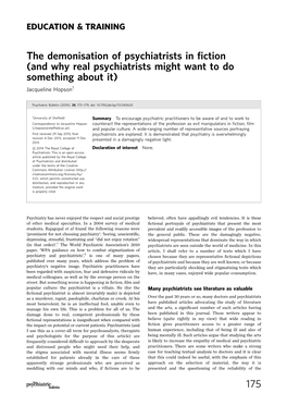 The Demonisation of Psychiatrists in Fiction (And Why Real Psychiatrists Might Want to Do Something About It) Jacqueline Hopson Psychiatric Bulletin 2014, 38:175-179