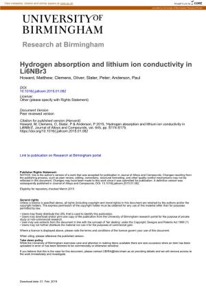 Hydrogen Absorption and Lithium Ion Conductivity in Li6nbr3 Howard, Matthew; Clemens, Oliver; Slater, Peter; Anderson, Paul