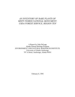 An Inventory of Rare Plants of Misty Fiords National Monument, Usda Forest Service, Region Ten