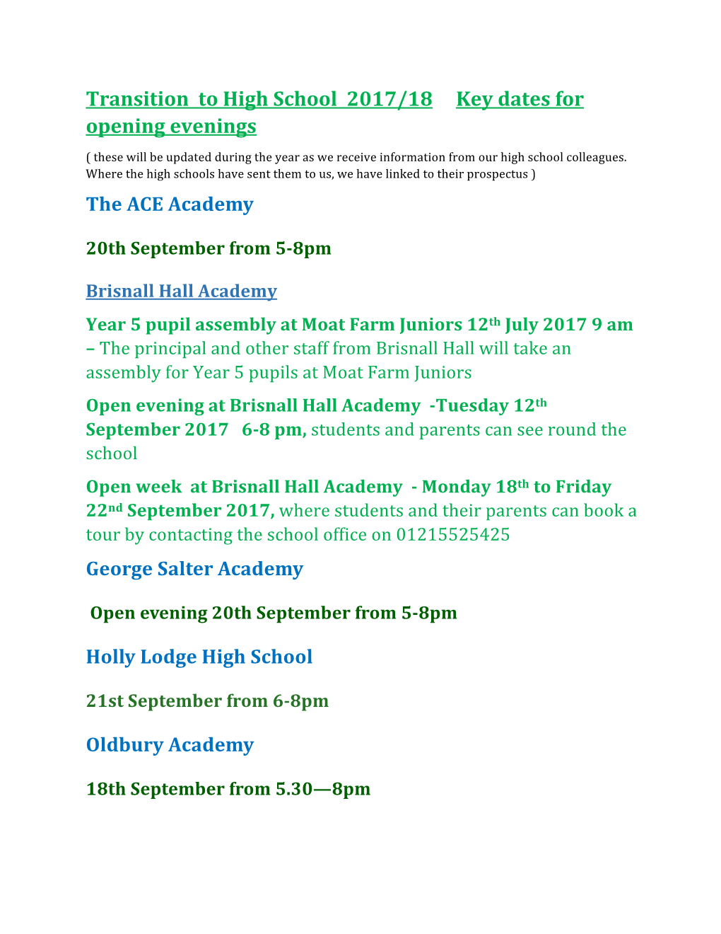 Transition to High School 2017/18 Key Dates for Opening Evenings