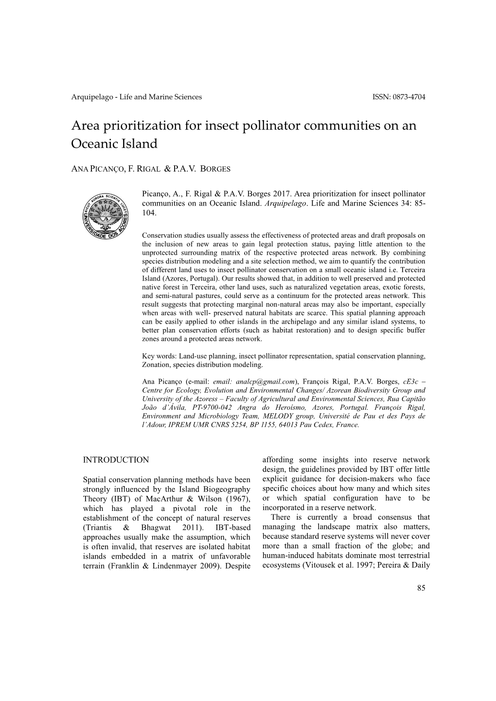 Area Prioritization for Insect Pollinator Communities on an Oceanic Island