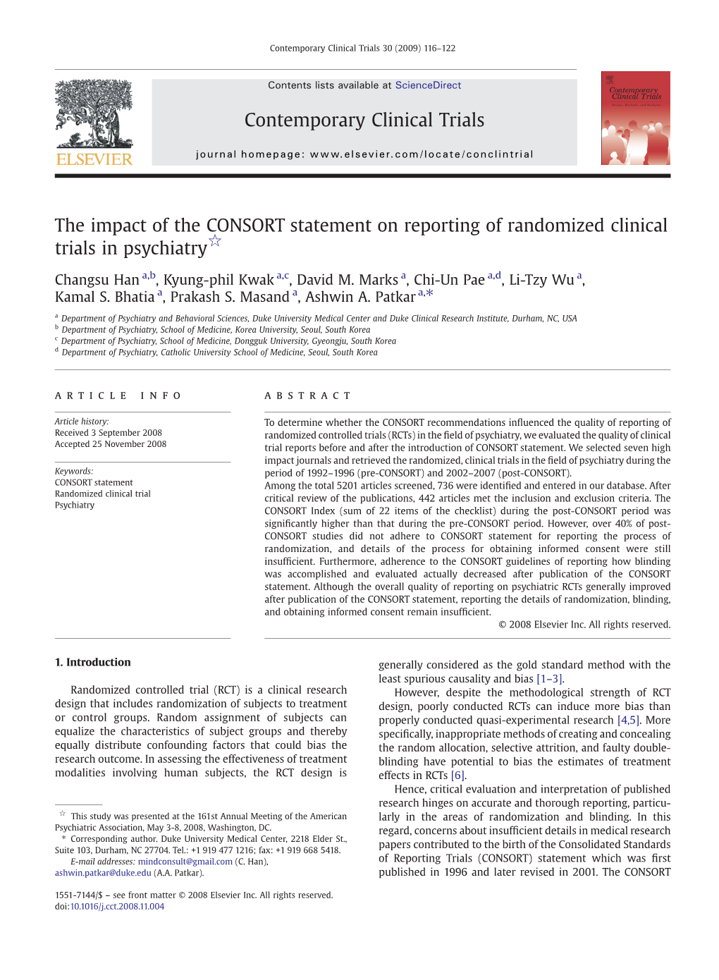 The Impact of the CONSORT Statement on Reporting of Randomized Clinical Trials in Psychiatry☆