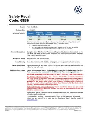 Safety Recall Code: 69BH