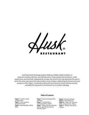 Husk Savannah's Beverage Program Features Artfully Crafted Cocktails, an Extensive Whiskey Collection, and Selected Wines