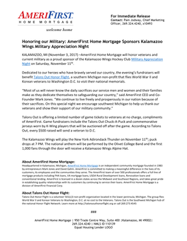Amerifirst Home Mortgage Sponsors Kalamazoo Wings Military Appreciation Night