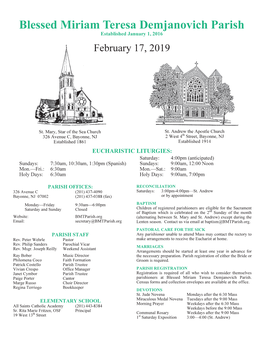 Blessed Miriam Teresa Demjanovich Parish ! Established January 1, 2016 ! February 17, 2019 !