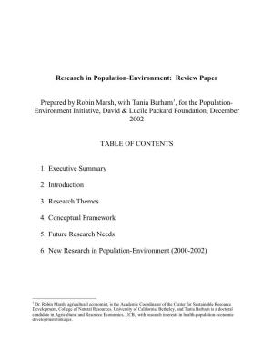 Research in Population-Environment: Review Paper Prepared by Robin