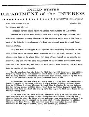 INTERIOR REPORTS PLANS READY for AERIAL FISH PLANTING in LAKE POWELL--May 19, 1963