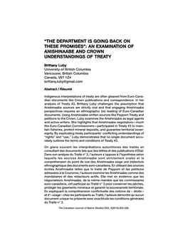 The Department Is Going Back on These Promises”: an Examination of Anishinaabe and Crown Understandings of Treaty