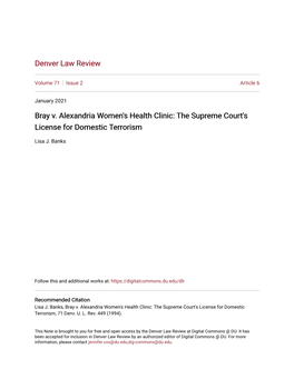 Bray V. Alexandria Women's Health Clinic: the Supreme Court's License for Domestic Terrorism