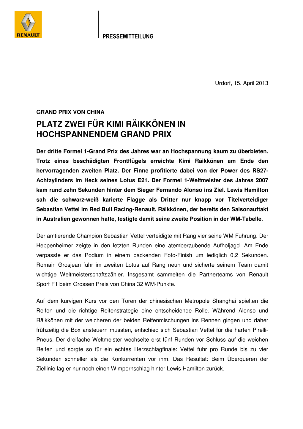 Platz Zwei Für Kimi Räikkönen in Hochspannendem Grand Prix