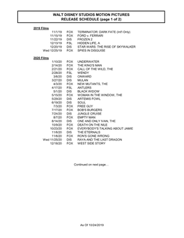 WALT DISNEY STUDIOS MOTION PICTURES RELEASE SCHEDULE (Page 1 of 2)
