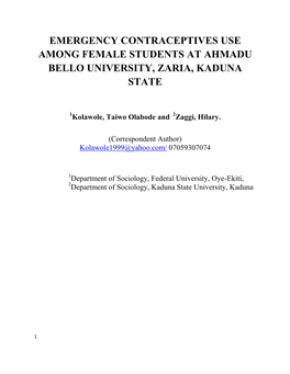 Emergency Contraceptives Use Among Female Students at Ahmadu Bello University, Zaria, Kaduna State