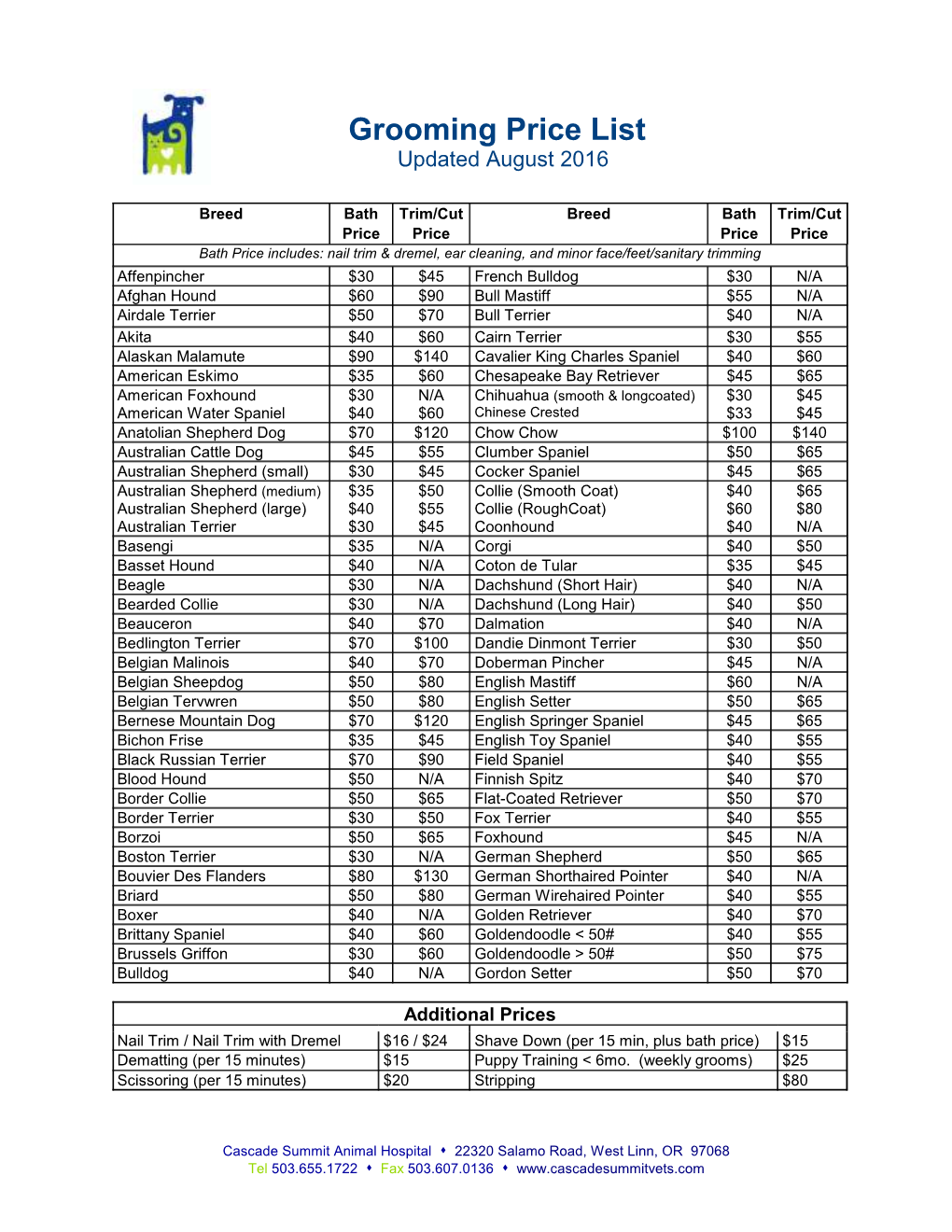 Grooming Price List Updated August 2016