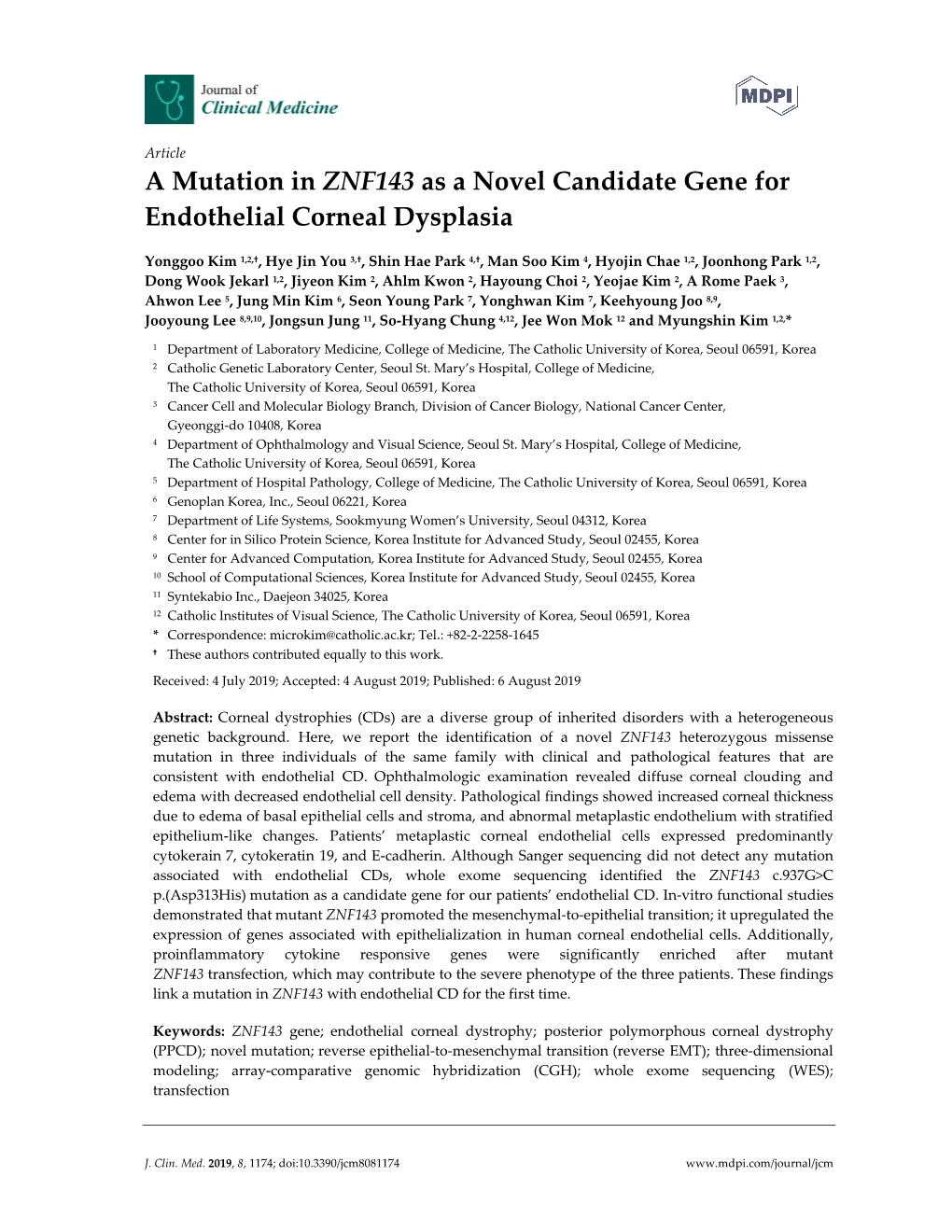 A Mutation in ZNF143 As a Novel Candidate Gene for Endothelial Corneal Dysplasia