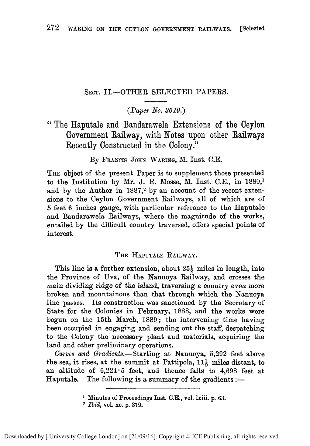 The Haputale and Bandarawela Extensions of the Ceylon Government Railway, with Notes Upon Other Railways Recently Constructed in the Colony.” by FRANCISJOHN WARING, M