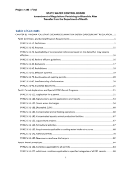 Table of Contents CHAPTER 31 VIRGINIA POLLUTANT DISCHARGE ELIMINATION SYSTEM (VPDES) PERMIT REGULATION....1 Part I Definitions and General Program Requirements