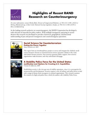 Highlights of Recent RAND Research on Counterinsurgency