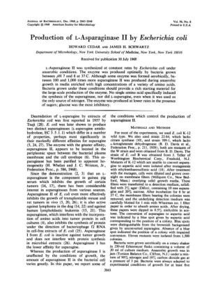 Production of L-Asparaginase II by Escherichia Coli HOWARD CEDAR and JAMES H