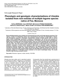 Phenotypic and Genotypic Characterizations of Rhizobia Isolated from Root Nodules of Multiple Legume Species Native of Fez, Morocco