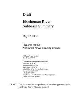 Draft Elochoman River Subbasin Summary