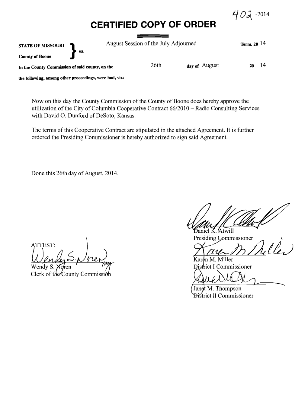 Boone County Commission Orders, August 26, 2014 CO 402-407