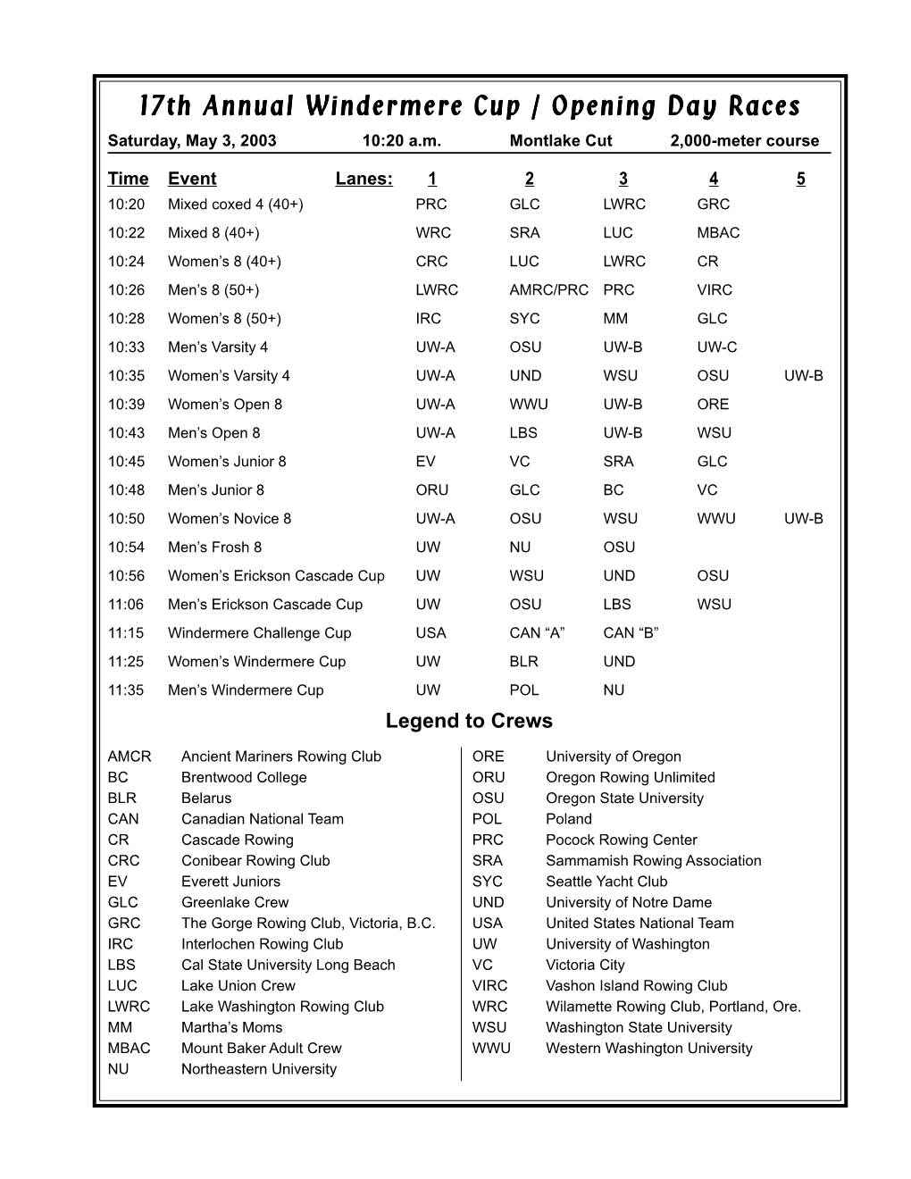 17Th Annual Windermere Cup / Opening Day Races Saturday, May 3, 2003 10:20 A.M