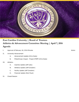 East Carolina University | April 7, 2016 Agenda