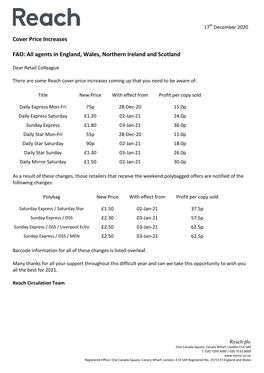 Cover Price Increases FAO: All Agents in England, Wales, Northern