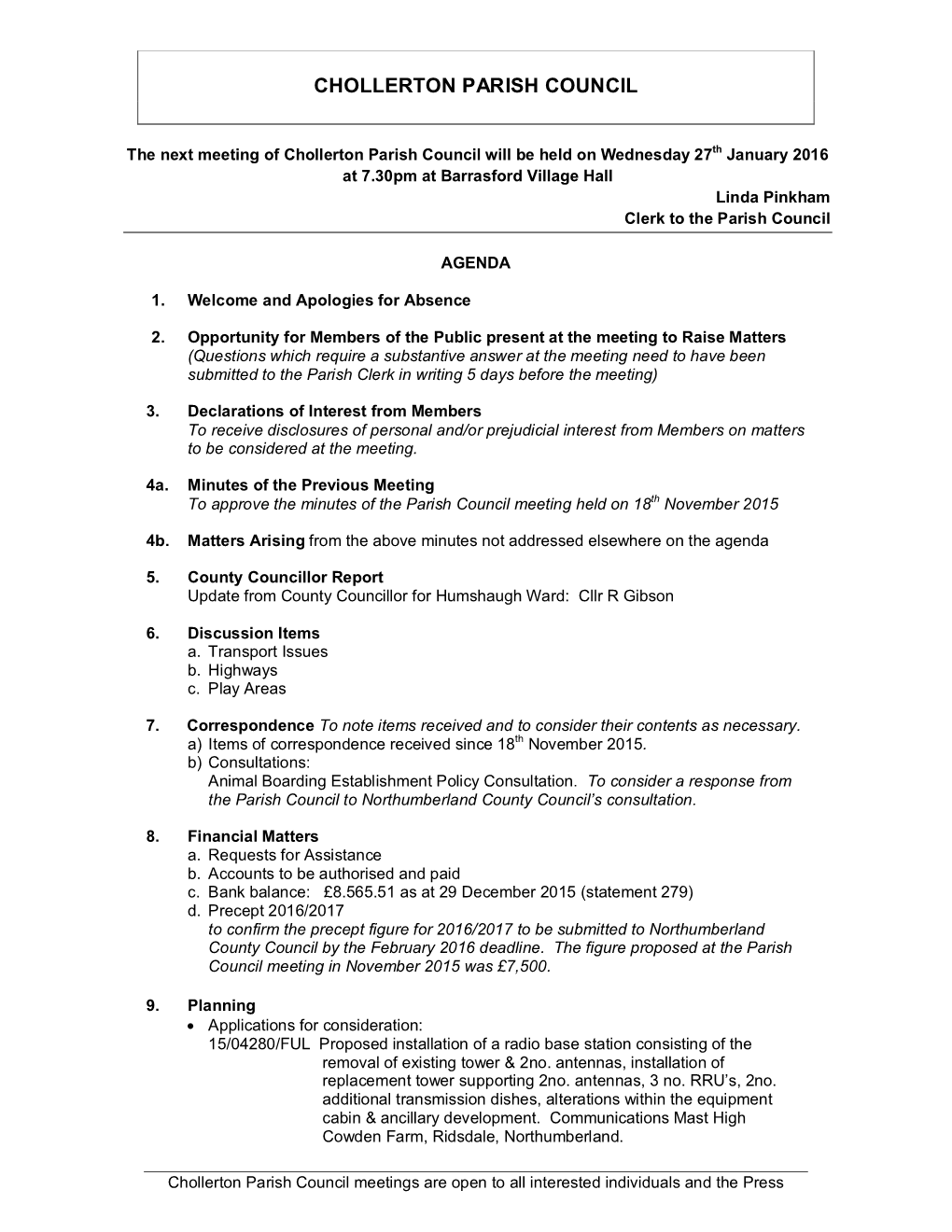 Chollerton Parish Council