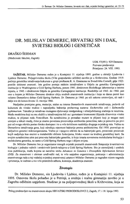 Dr. Milislav Demerec, Hrvatski Sin I Đak, Svjetski Biolog I Genetičar, Str