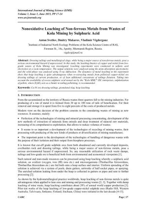 Nonoxidative Leaching of Non-Ferrous Metals from Wastes of Kola Mining by Sulphuric Acid