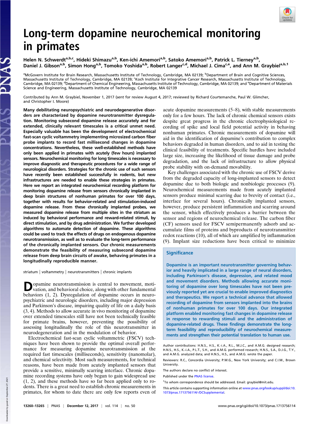 Long-Term Dopamine Neurochemical Monitoring in Primates