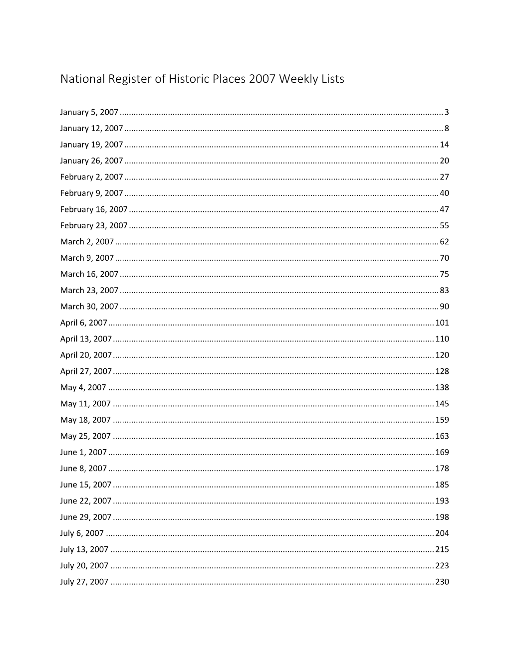 National Register of Historic Places 2007 Weekly Lists