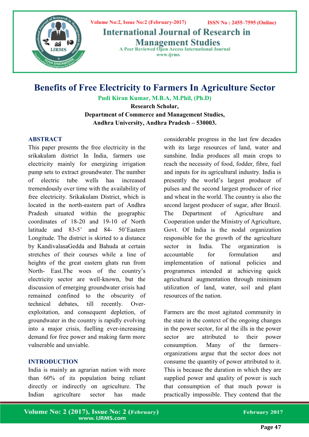 Benefits of Free Electricity to Farmers in Agriculture Sector Pudi Kiran