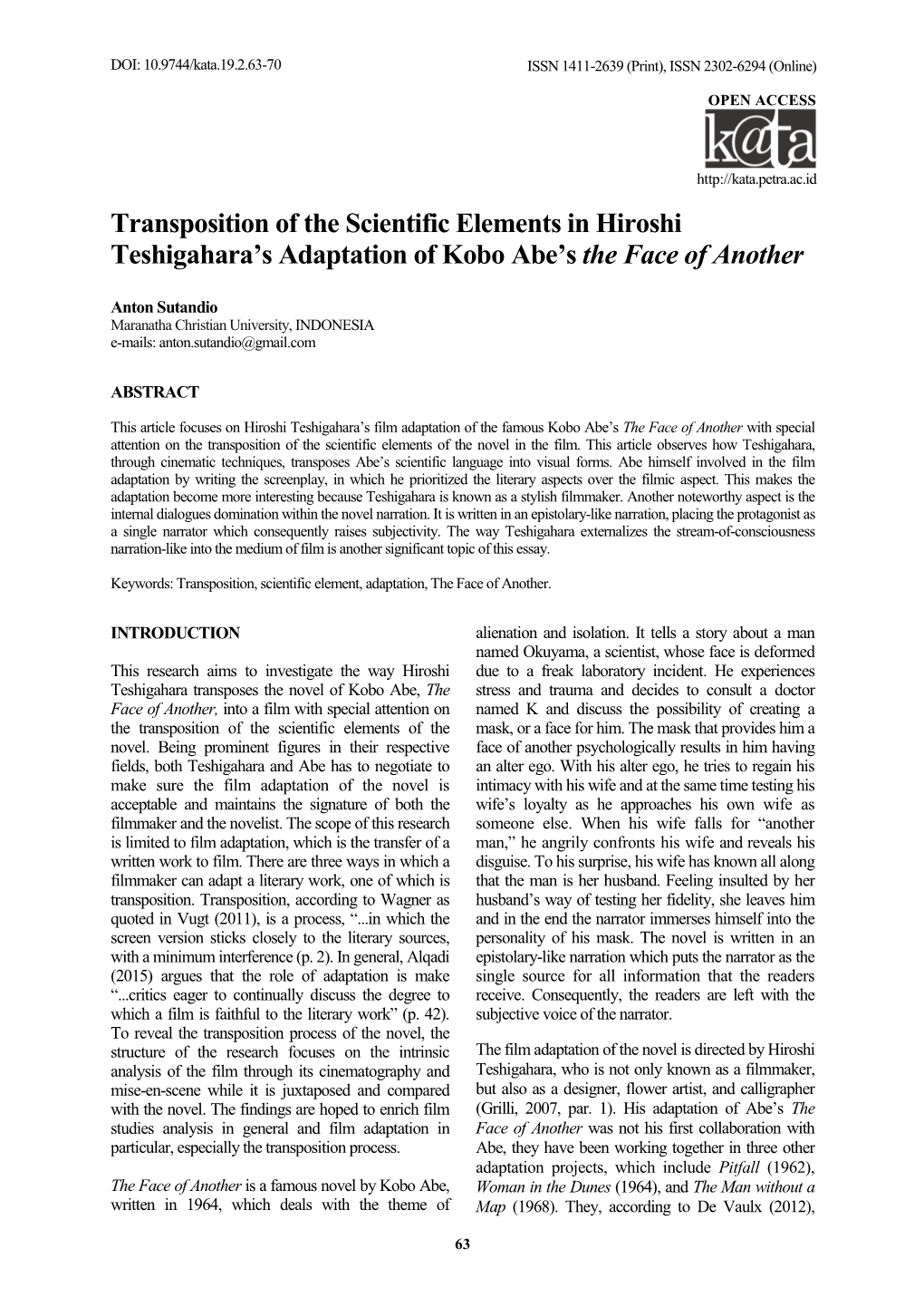 Transposition of the Scientific Elements in Hiroshi Teshigahara's