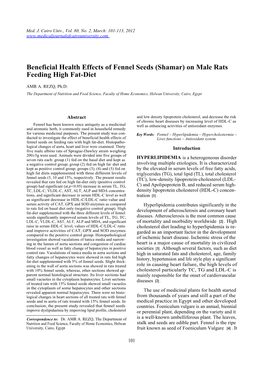 Beneficial Health Effects of Fennel Seeds (Shamar) on Male Rats