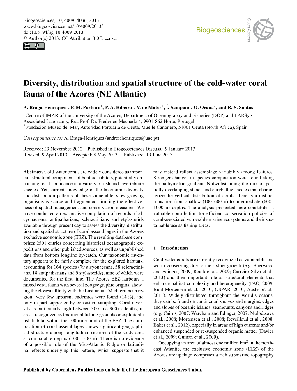 Diversity, Distribution and Spatial Structure of the Cold-Water Coral