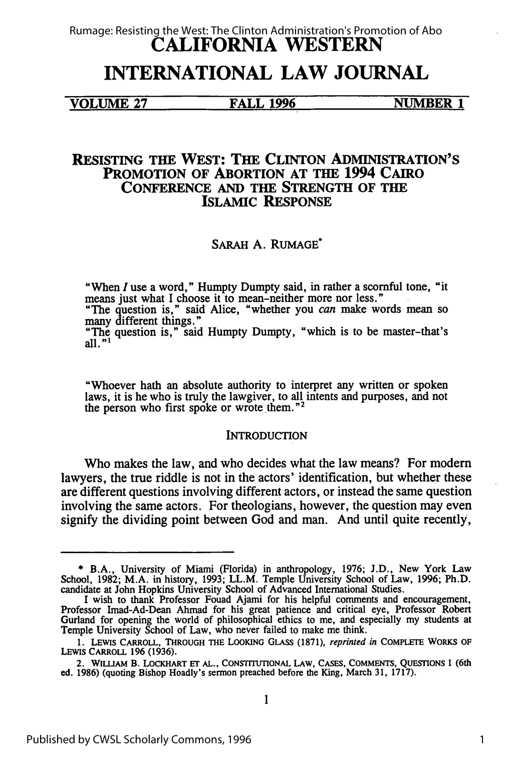 The Clinton Administration's Promotion of Abortion at the 1994 Cairo Conference and the Strength of the Islamic Response