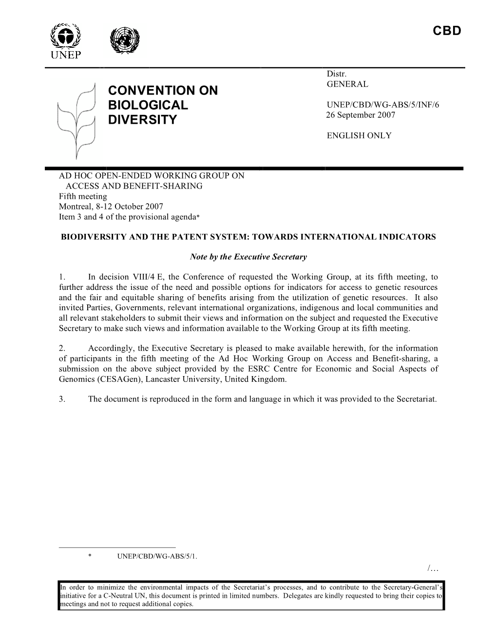 UNEP/CBD/WG-ABS/5/INF/6 26 September 2007 DIVERSITY ENGLISH ONLY