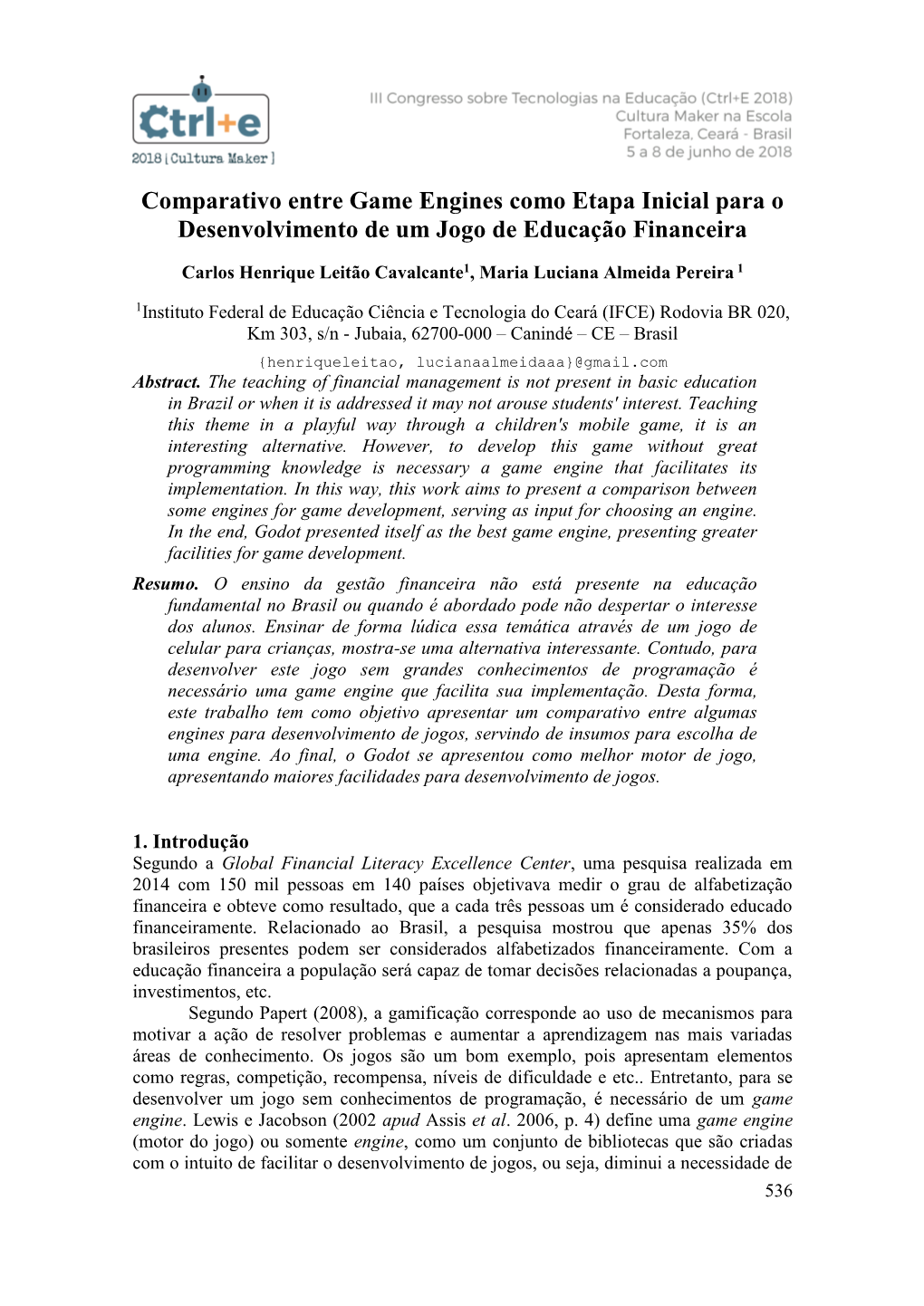 Comparativo Entre Game Engines Como Etapa Inicial Para O Desenvolvimento De Um Jogo De Educação Financeira