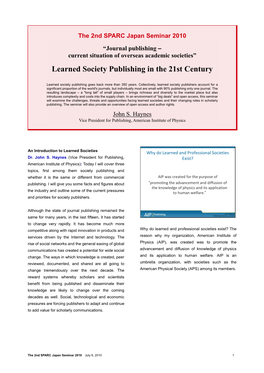 Learned Society Publishing in the 21St Century